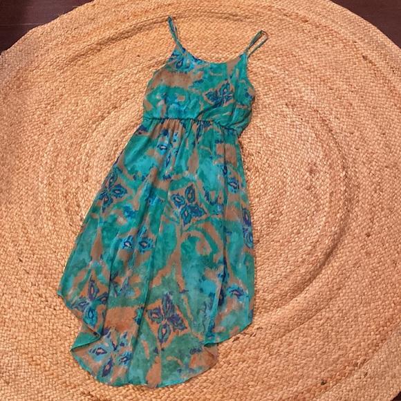 Lush Hi-Lo Dress: Minty/Emerald Green with Navy and Taupe Pattern - Picture 4 of 6